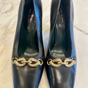 Tory Burch Black Leather Heels with Gold Chain Accent